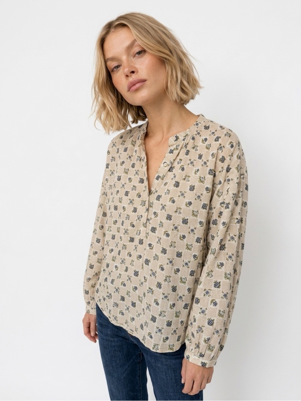 Floral Print Beige Long-Sleeve Blouse